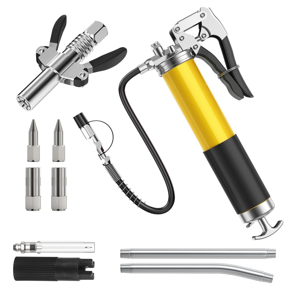 Grease Gun Kit Fit for 14 Oz Grease Tube 7000 PSI High Pressure Pistol Grip Grease Gun with Lock Coupler, 11.8" Spring Flex Hose, Jaw Couplers, Sharp Nozzle