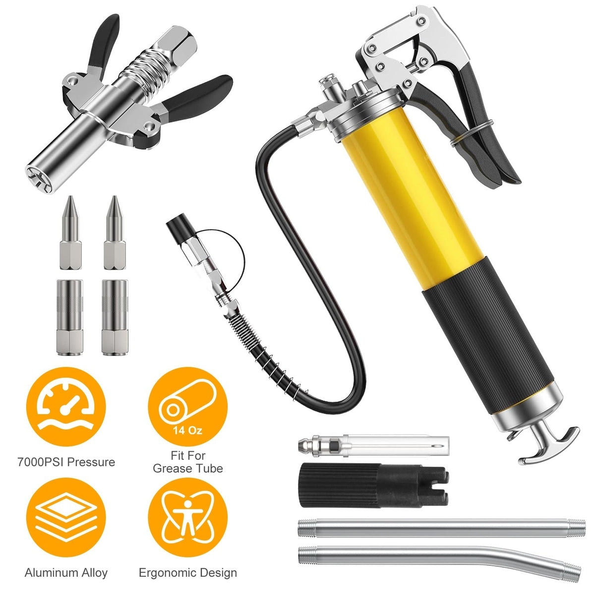 Grease Gun Kit Fit for 14 Oz Grease Tube 7000 PSI High Pressure Pistol Grip Grease Gun with Lock Coupler, 11.8" Spring Flex Hose, Jaw Couplers, Sharp Nozzle