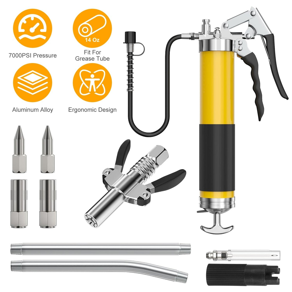 Grease Gun Kit Fit for 14 Oz Grease Tube 7000 PSI High Pressure Pistol Grip Grease Gun with Lock Coupler, 11.8" Spring Flex Hose, Jaw Couplers, Sharp Nozzle