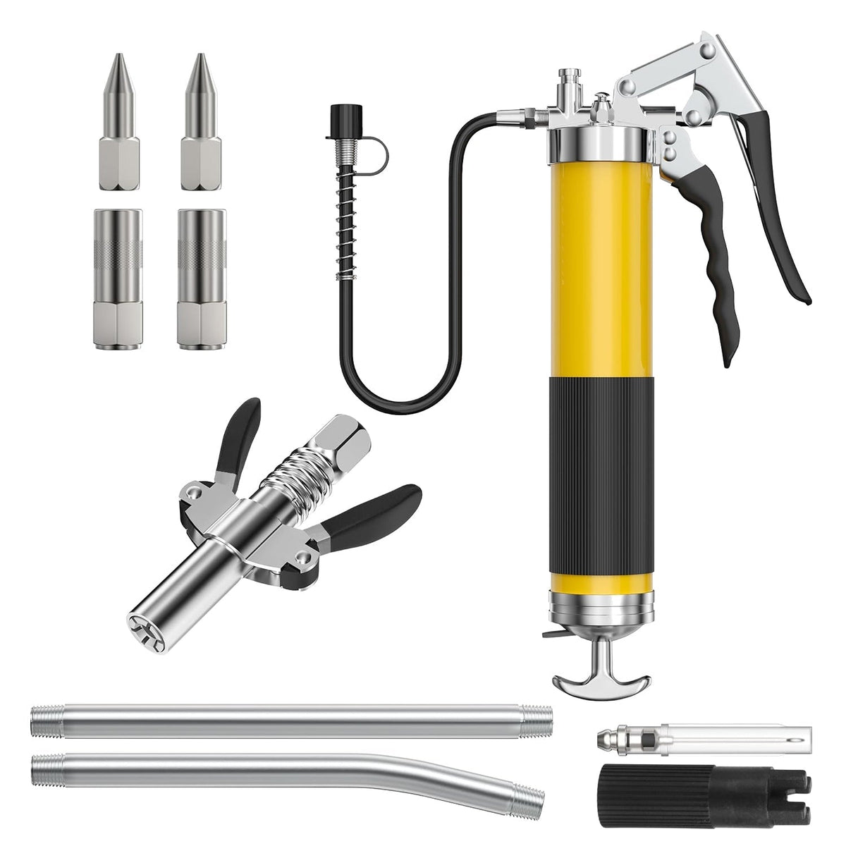 Grease Gun Kit Fit for 14 Oz Grease Tube 7000 PSI High Pressure Pistol Grip Grease Gun with Lock Coupler, 11.8" Spring Flex Hose, Jaw Couplers, Sharp Nozzle