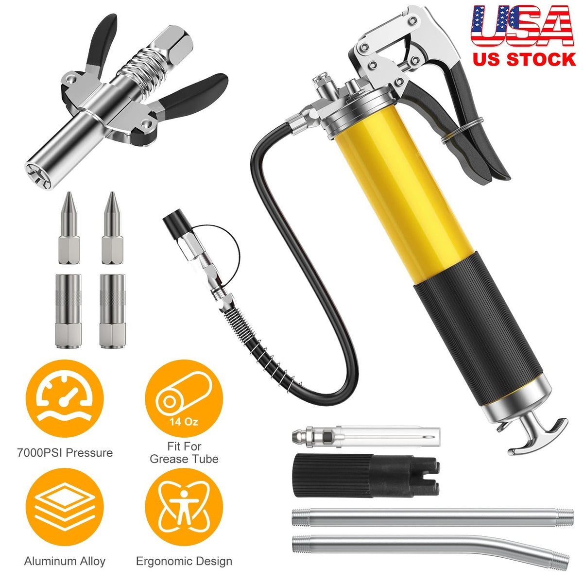 Grease Gun Kit Fit for 14 Oz Grease Tube 7000 PSI High Pressure Pistol Grip Grease Gun with Lock Coupler, 11.8" Spring Flex Hose, Jaw Couplers, Sharp Nozzle