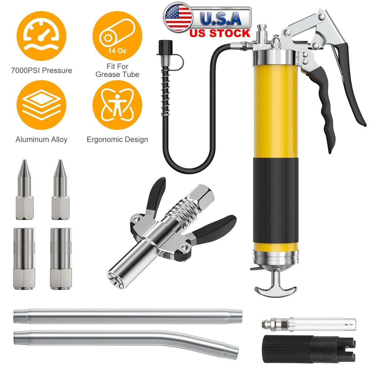Grease Gun Kit Fit for 14 Oz Grease Tube 7000 PSI High Pressure Pistol Grip Grease Gun with Lock Coupler, 11.8" Spring Flex Hose, Jaw Couplers, Sharp Nozzle