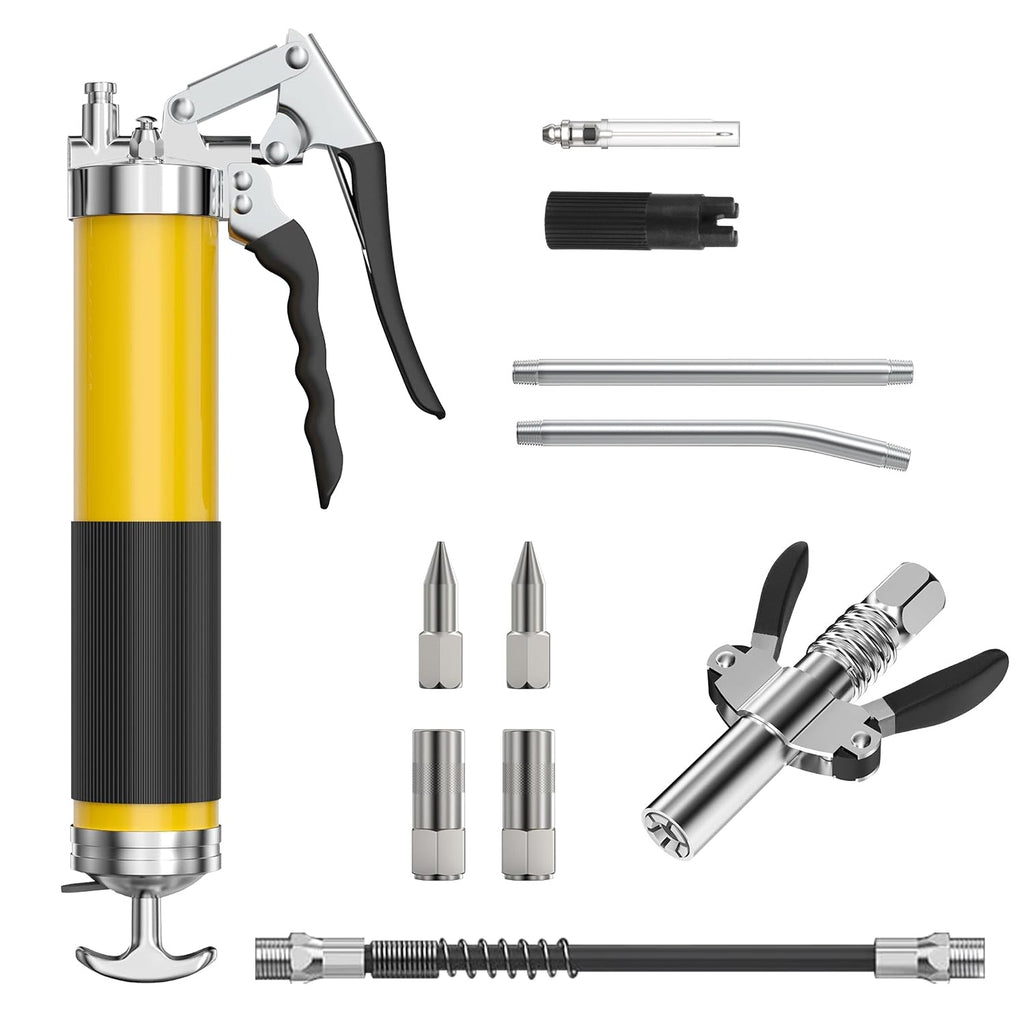 Grease Gun Kit Fit for 14 Oz Grease Tube 7000 PSI High Pressure Pistol Grip Grease Gun with Lock Coupler, 11.8" Spring Flex Hose, Jaw Couplers, Sharp Nozzle